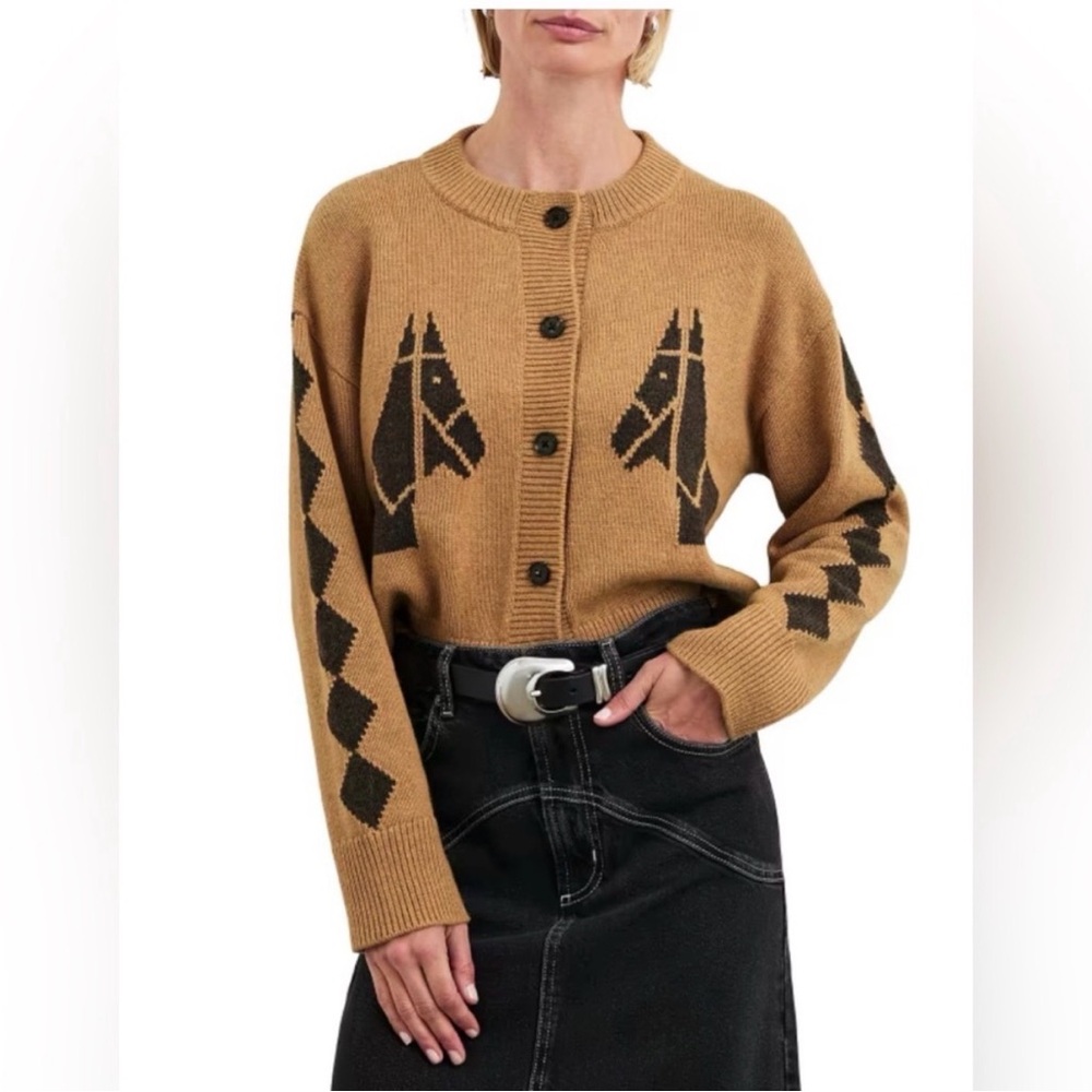 Rails Women's Camel Knit Button-Front Sweater with Black Horse Motif